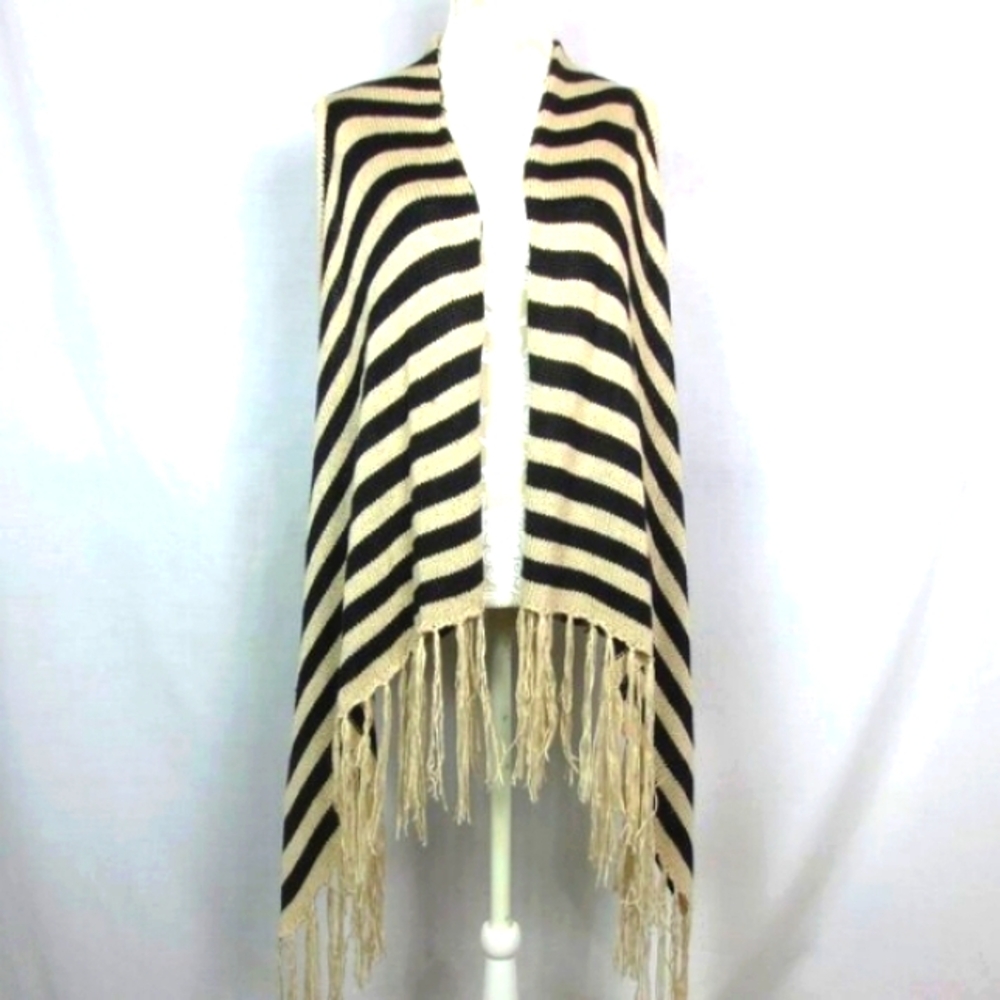 Say What Sweater Cream Black  Striped Fringe Open Cardigan Plus Size 1X
